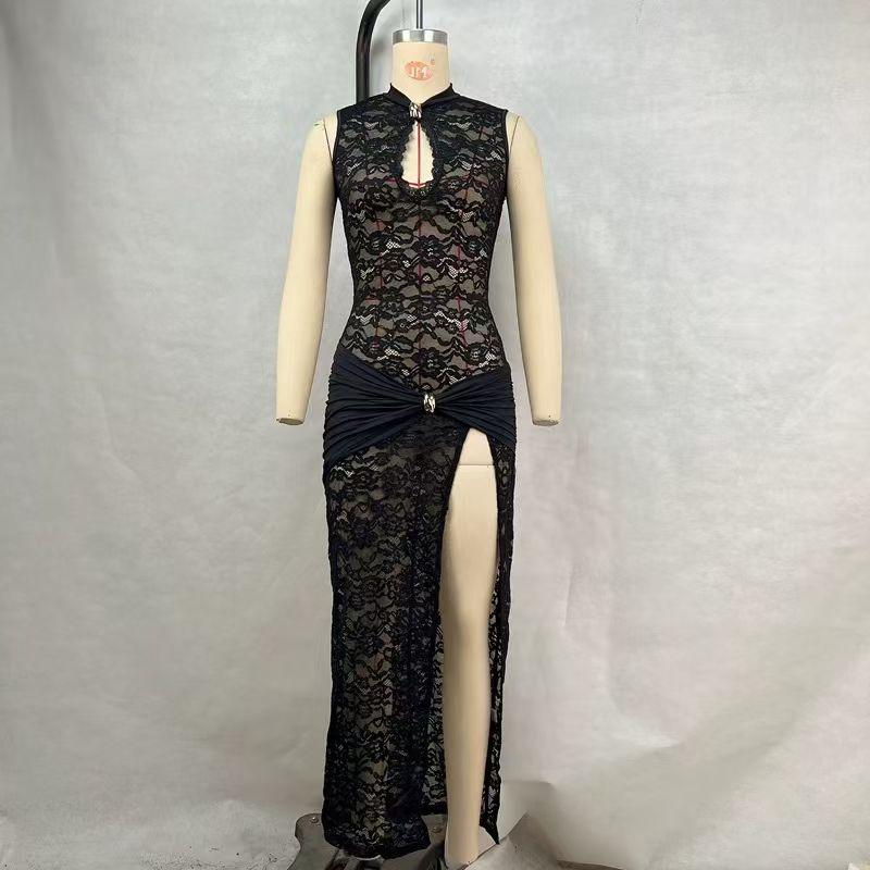 European and American Sexy Hollow out See-through Lace Package Hip Skirt High Slit Dress Sexy Lace Hollow Dress Black L
European and American Sexy Hollow out See-through Lace Package Hip Skirt High Slit Dress Sexy Lace Hollow Dress Black L