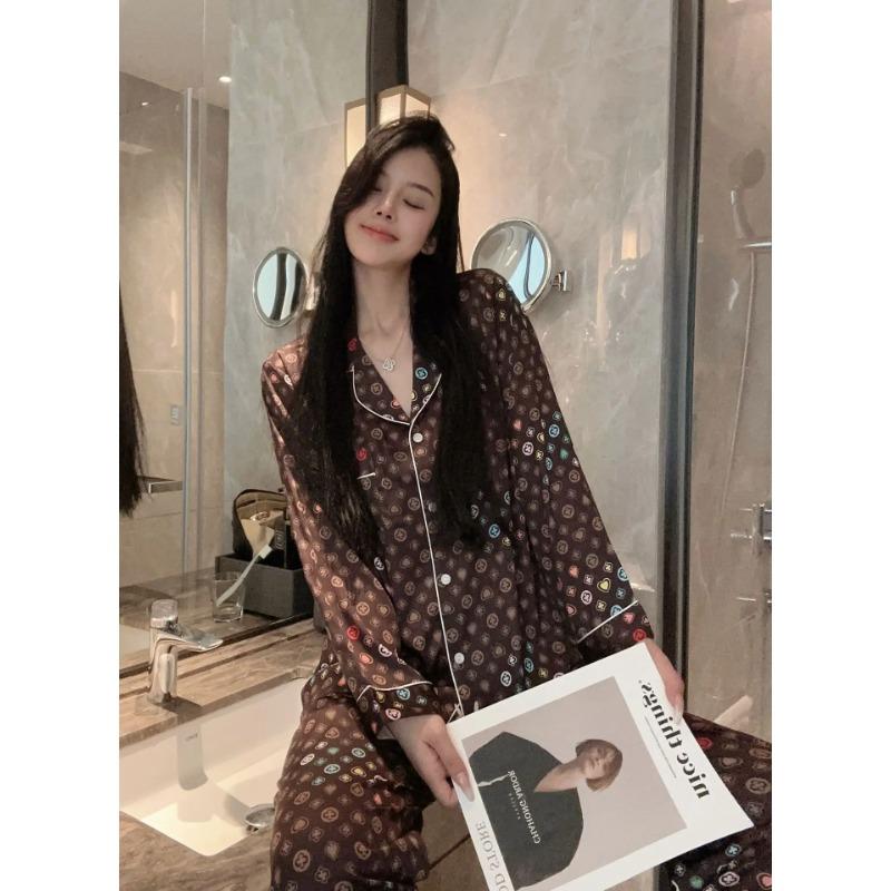 Осенняя роскошь, новый стиль, женские брюки из ледяного шелка с длинными рукавами, домашняя пижама, сексуальная XL коричневый