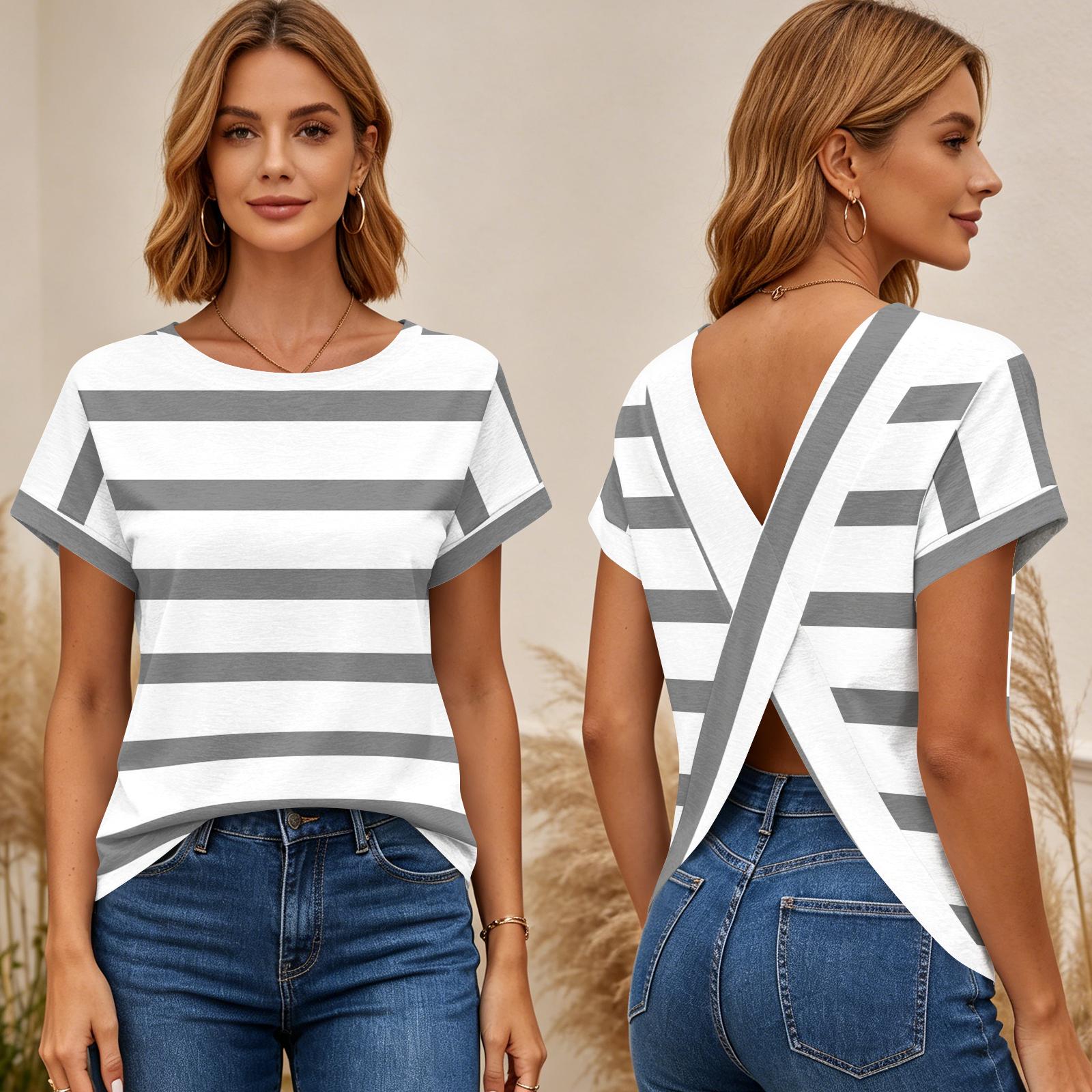Women s Short Sleeve Striped Print Top Cross Back Open Back T-Shirt Casual Summer Blouse Lightweight Soft Fabric M
Women s Short Sleeve Striped Print Top Cross Back Open Back T-Shirt Casual Summer Blouse Lightweight Soft Fabric M