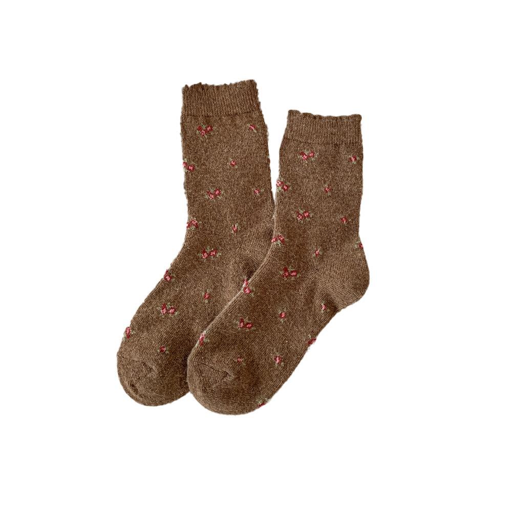 Винтажные шерстяные носки с цветочным узором, махровые носки, толстые и теплые носки с цветочной бахромой для осени и зимы 1 pair света кофе