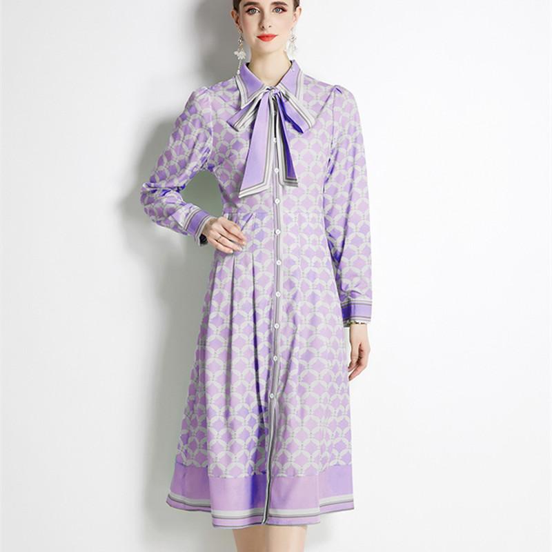 Подиум Однобортная винтажная рубашка Платье Женщины Отложной воротник Кружева Вверх Бант Длинный рукав Принт Миди Платья для вечеринок