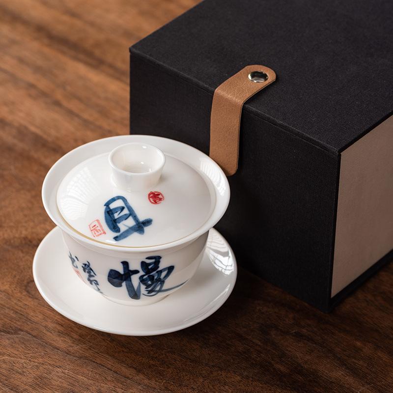 Hand-painted suet jade porcelain three talents cover bowl teacup kung fu tea set tea bowl modern creative large-capacity gifts
Hand-painted suet jade porcelain three talents cover bowl teacup kung fu tea set tea bowl modern creative large-capacity gifts