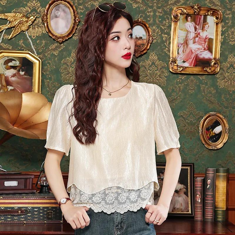 Womens Solid Color Round Neck Lace Hem Short Sleeve Blouse S
Womens Solid Color Round Neck Lace Hem Short Sleeve Blouse S