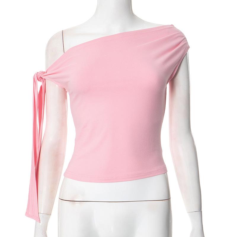 Модная летняя женская футболка с диагональным воротником, облегающего кроя, новая, милая, элегантная, плиссированная, на одно плечо, с нерегулярным подолом, однотонная, повседневная, со шнуровкой, женская одежда L розовый