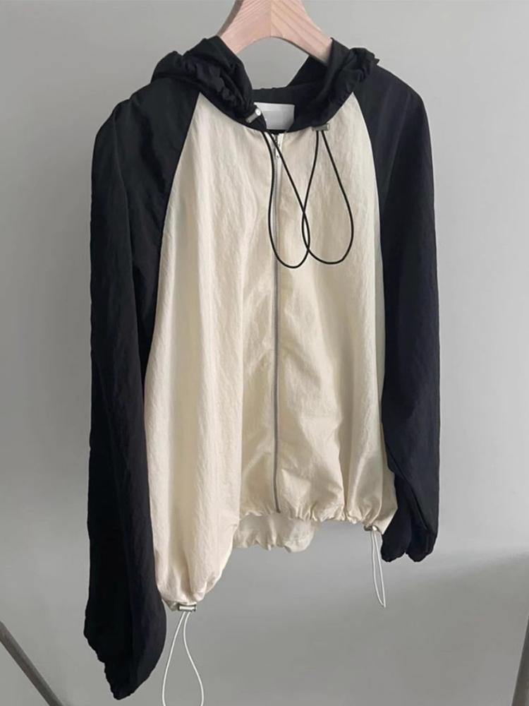 Южная Корея шикарная осенняя ретро-куртка с завязками на шнурке, контрастный цвет, пэчворк, универсальная, с длинным рукавом и капюшоном, женская one size