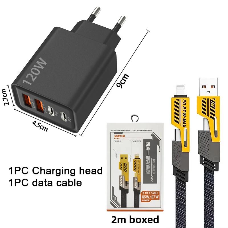 Home 120W multi port USB and TYPE-C fast charger EU/US/UK plug, car universal mobile phone four in one braided charging cable US plug
Home 120W multi port USB and TYPE-C fast charger EU/US/UK plug, car universal mobile phone four in one braided charging cable US plug