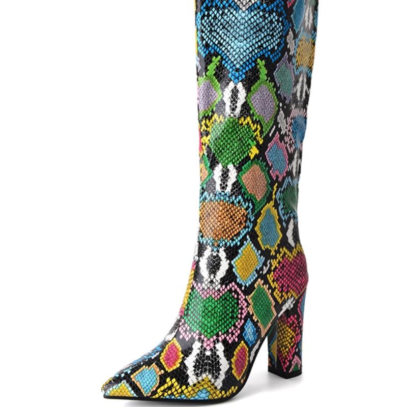 Сапоги до колена с принтом змеи Женская зимняя обувь Сексуальные ковбойские сапоги Вестерн Женские длинные сапоги Большого размера Обувной бренд Вечерняя обувь 38