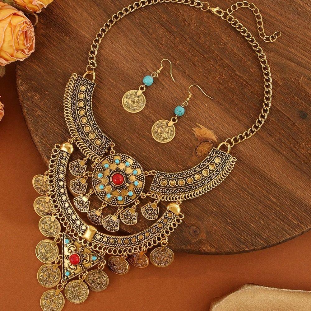 Vintage Turquoise Tassel Necklace Earrings Exaggerated Neck Jewelry Ethnic Style Jewelry Set Party золотий
Vintage Turquoise Tassel Necklace Earrings Exaggerated Neck Jewelry Ethnic Style Jewelry Set Party золотий