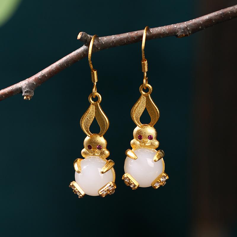 Ancient Gold-Plated Imitation Hetian Jade Rabbit Earrings - Retro Chinese Style Accessories. 24K Gold Plating
Ancient Gold-Plated Imitation Hetian Jade Rabbit Earrings - Retro Chinese Style Accessories. 24K Gold Plating