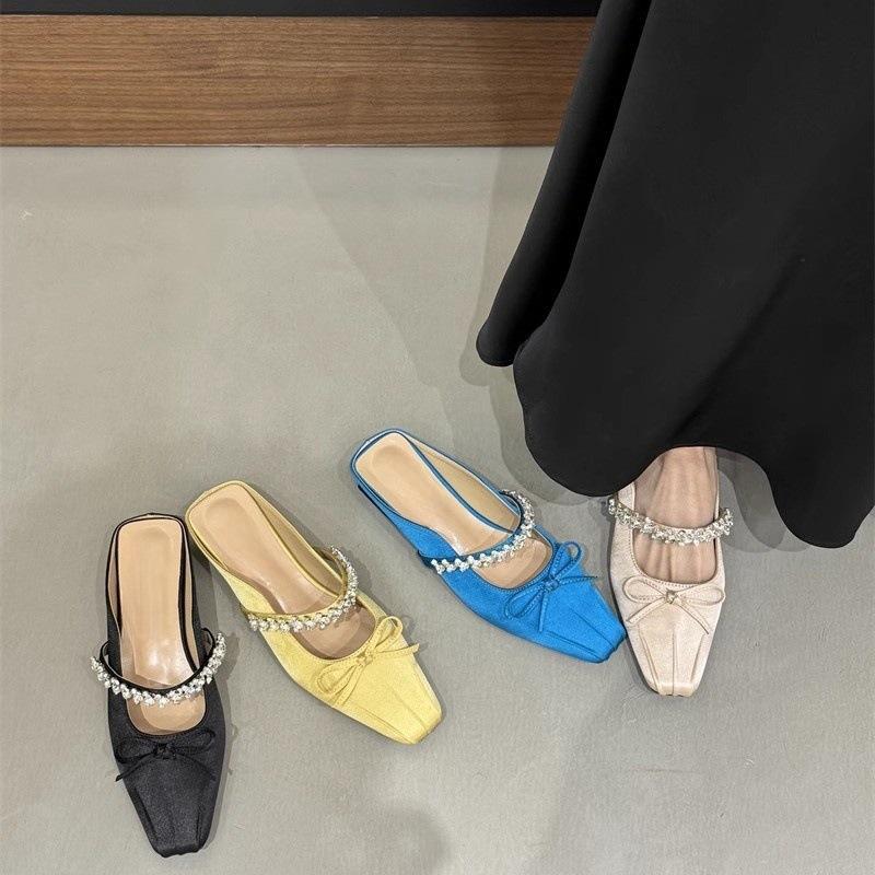 Thick heel bow rhinestone with bag head half slippers women s satin temperament half tray 35
Thick heel bow rhinestone with bag head half slippers women s satin temperament half tray 35