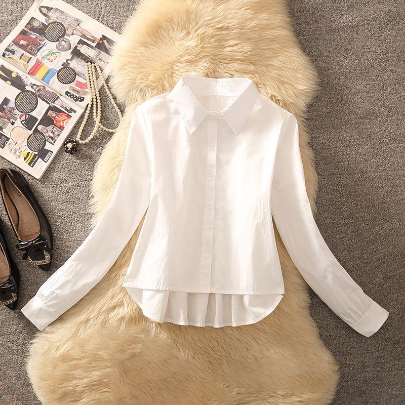 Однотонная весна-осень новый стиль белая короткая рубашка женская нерегулярная повседневная милая и пикантная стильная с лацканами с длинным рукавом топ женский White L