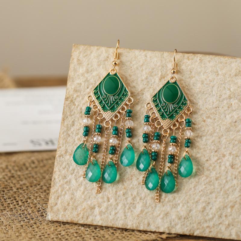 Bohemian Water Drop Earrings for Women Enamel Rhombus Rice Bead Chain Tassel Earrings Ethnic Female Vacation Jewelry
Bohemian Water Drop Earrings for Women Enamel Rhombus Rice Bead Chain Tassel Earrings Ethnic Female Vacation Jewelry