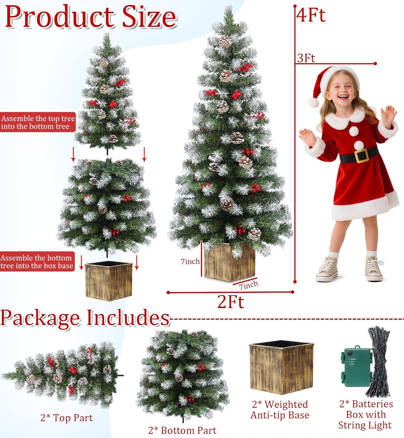 Набір з 2 штучних 4-футових різдвяних ялинок зі світлодіодними вогниками, водонепроникним батарейним блоком, шишками та ягодами для входу 0.6M
Набір з 2 штучних 4-футових різдвяних ялинок зі світлодіодними вогниками, водонепроникним батарейним блоком, шишками та ягодами для входу 0.6M