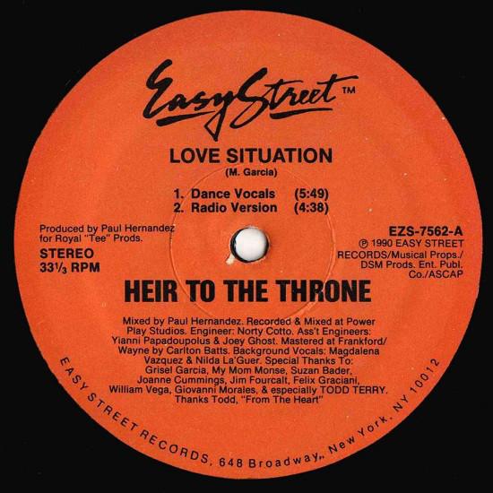 12inch Record HEIR TO THE THRONE - Love Situation EZS7562 Easy Street Rec 1990 US Dance & Electronica Used
12inch Record HEIR TO THE THRONE - Love Situation EZS7562 Easy Street Rec 1990 US Dance & Electronica Used