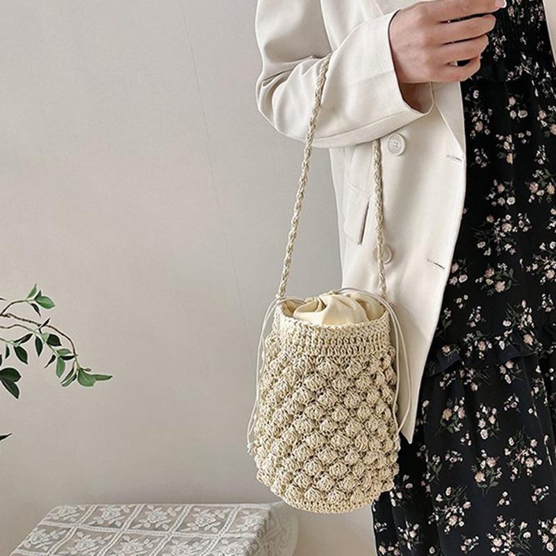 IELGY Нишевая дизайнерская соломенная сумка-ведро для женщин, Япония и Корея, милая сумка для отдыха и отдыха бежевый