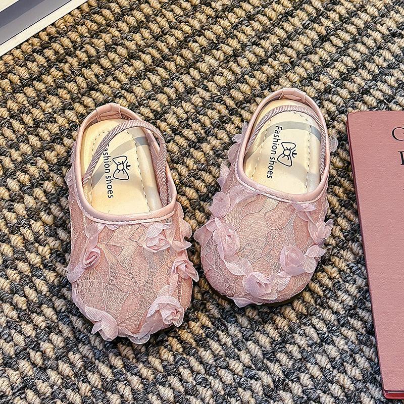 Сандалии для девочек Кружевные цветы Слипоны Детская пляжная обувь Мягкая подошва Однотонные 2025 Лето Новые Детские туфли принцессы Тапочки Милые 23 розовый