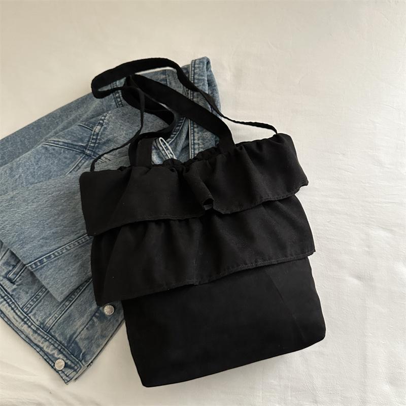 Холщовая сумка большой вместимости в иностранном стиле женская 2025 новая плиссированная кружевная сумка-тоут весенняя универсальная сумка через плечо чёрный