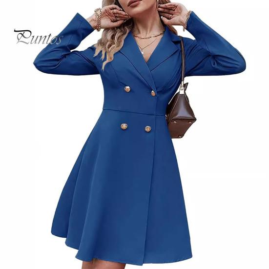 Осень-зима Женская куртка двубортная А-силуэта приталенная с отложным воротником узкая талия однотонное формальное деловое офисное платье с длинным рукавом для поездок на работу XL синий