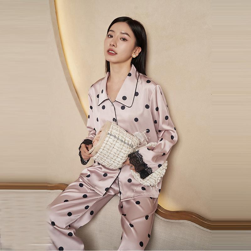 Весенние атласные однобортные брюки в горошек с принтом Kawaii, кружевные брюки с рукавами и рукавами, женские пижамные комплекты, мягкая домашняя одежда из ткани