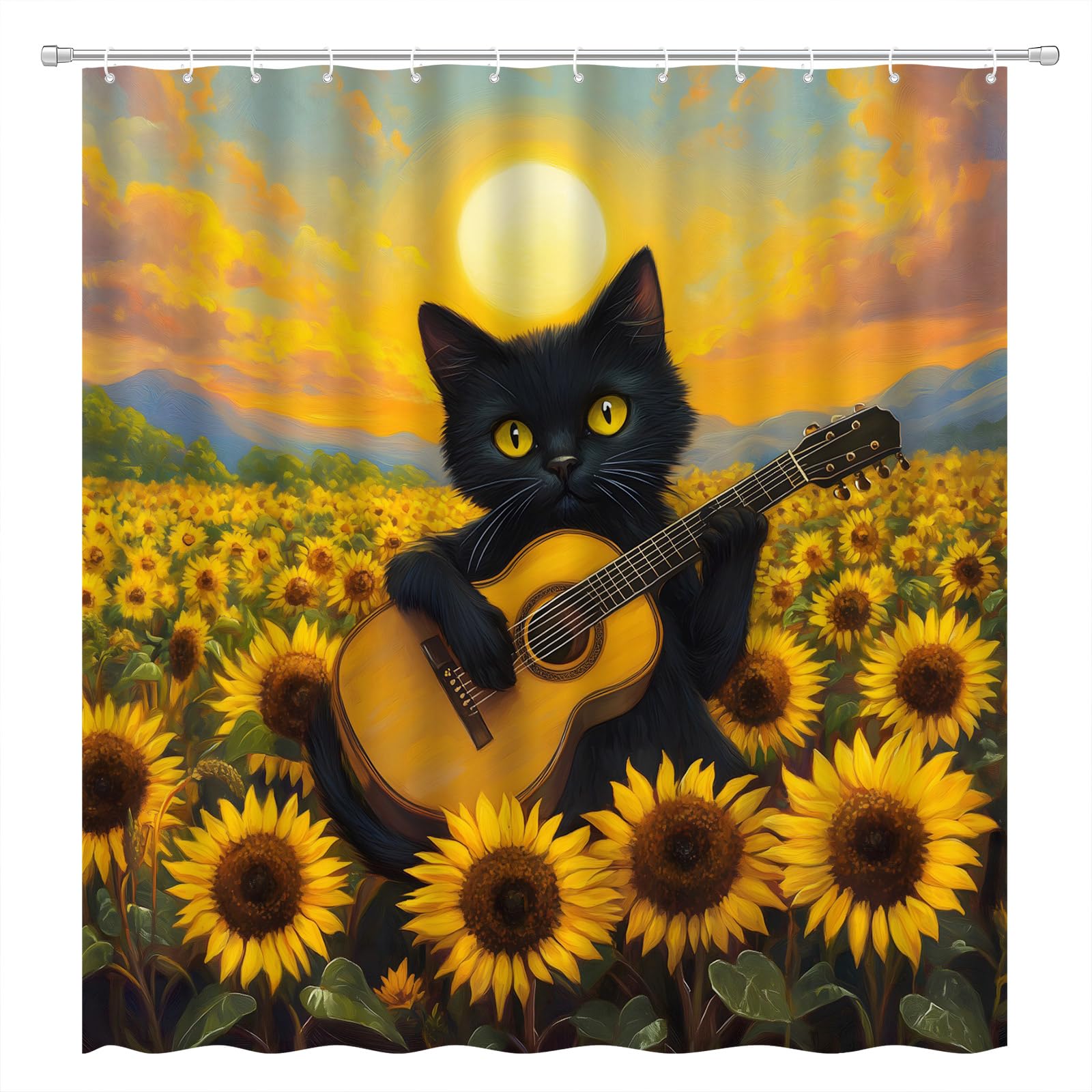 Funny Cat Sunflower Guitar Shower Curtain, Farmhouse Country Sunset Waterproof Fabric Curtain W60H190(CM)-1 Pcs
Funny Cat Sunflower Guitar Shower Curtain, Farmhouse Country Sunset Waterproof Fabric Curtain W60H190(CM)-1 Pcs