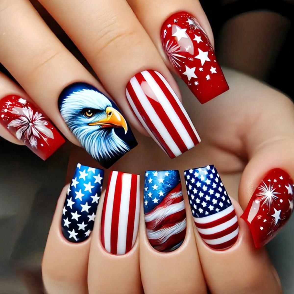 Independence Day Press-on Nails: Red, Blue, Star, Stripe, Fireworks, and Eagle Design - 24 Removable False Nails.
Independence Day Press-on Nails: Red, Blue, Star, Stripe, Fireworks, and Eagle Design - 24 Removable False Nails.