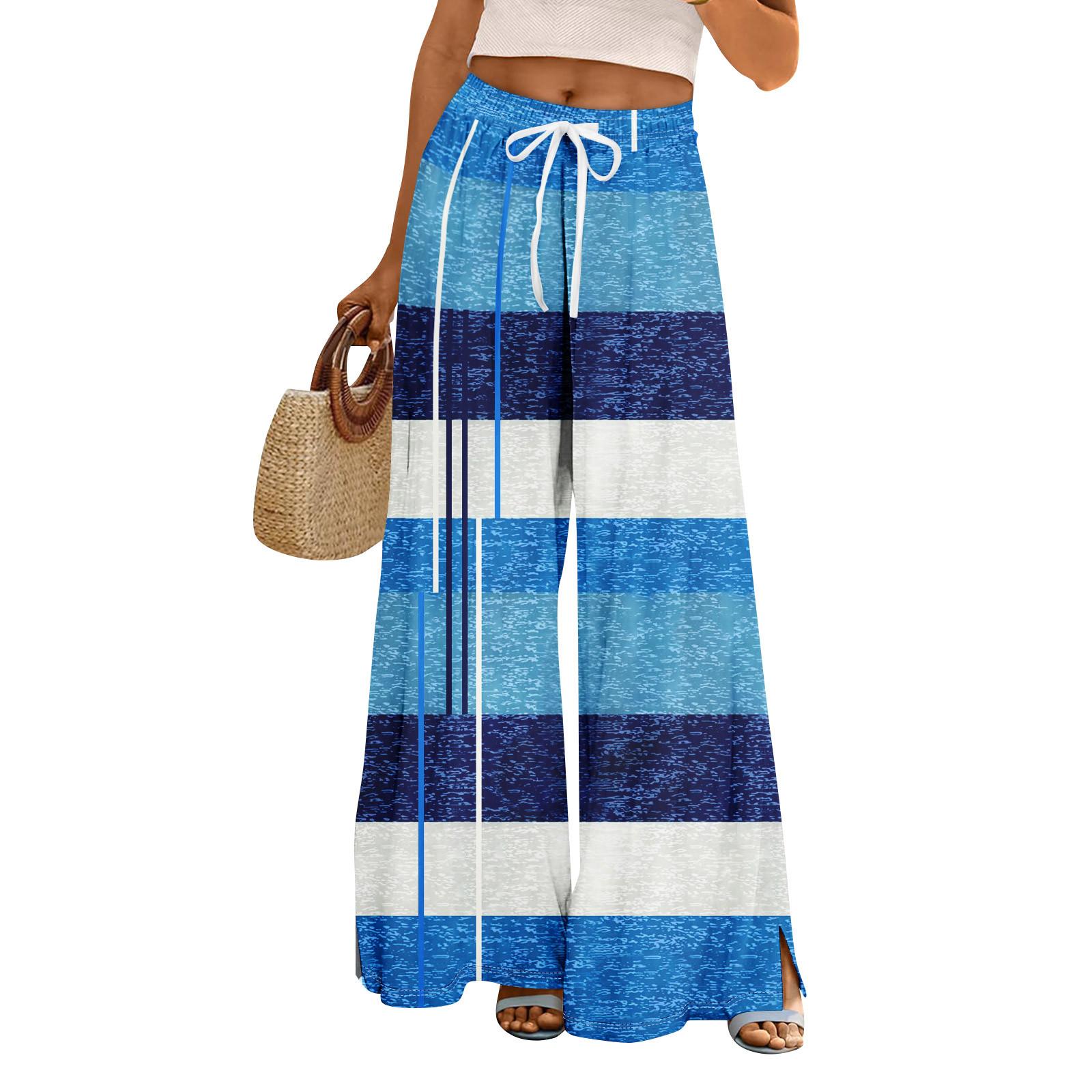 Женские летние брюки-палаццо в стиле бохо с высокой талией, широкие повседневные брюки с цветочным принтом и карманами S синий