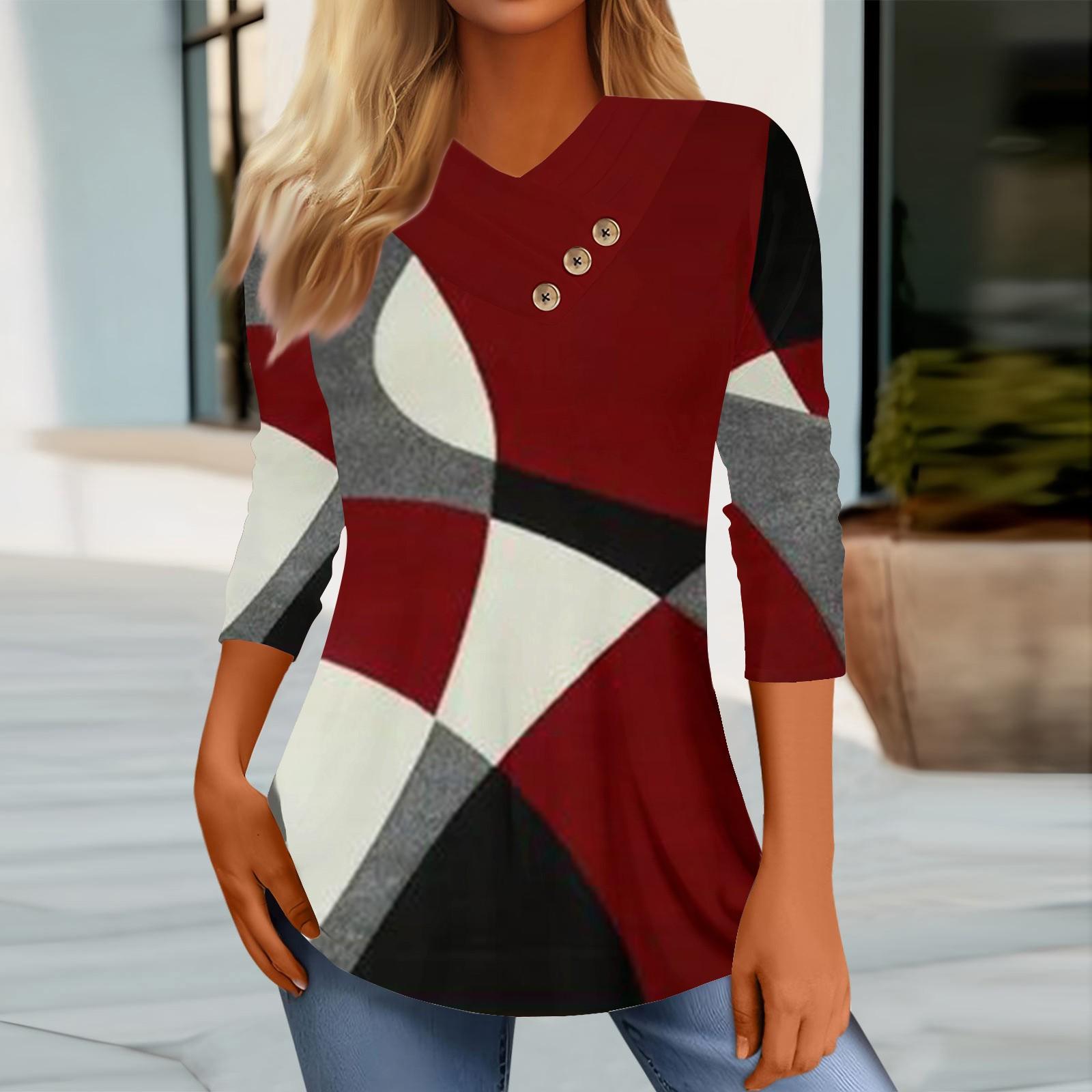 Жіночі топи Повсякденні ґудзики Сорочка з рукавами 3/4 з принтом Модні блузки в стилі печворк Трійники L винний
Жіночі топи Повсякденні ґудзики Сорочка з рукавами 3/4 з принтом Модні блузки в стилі печворк Трійники L винний