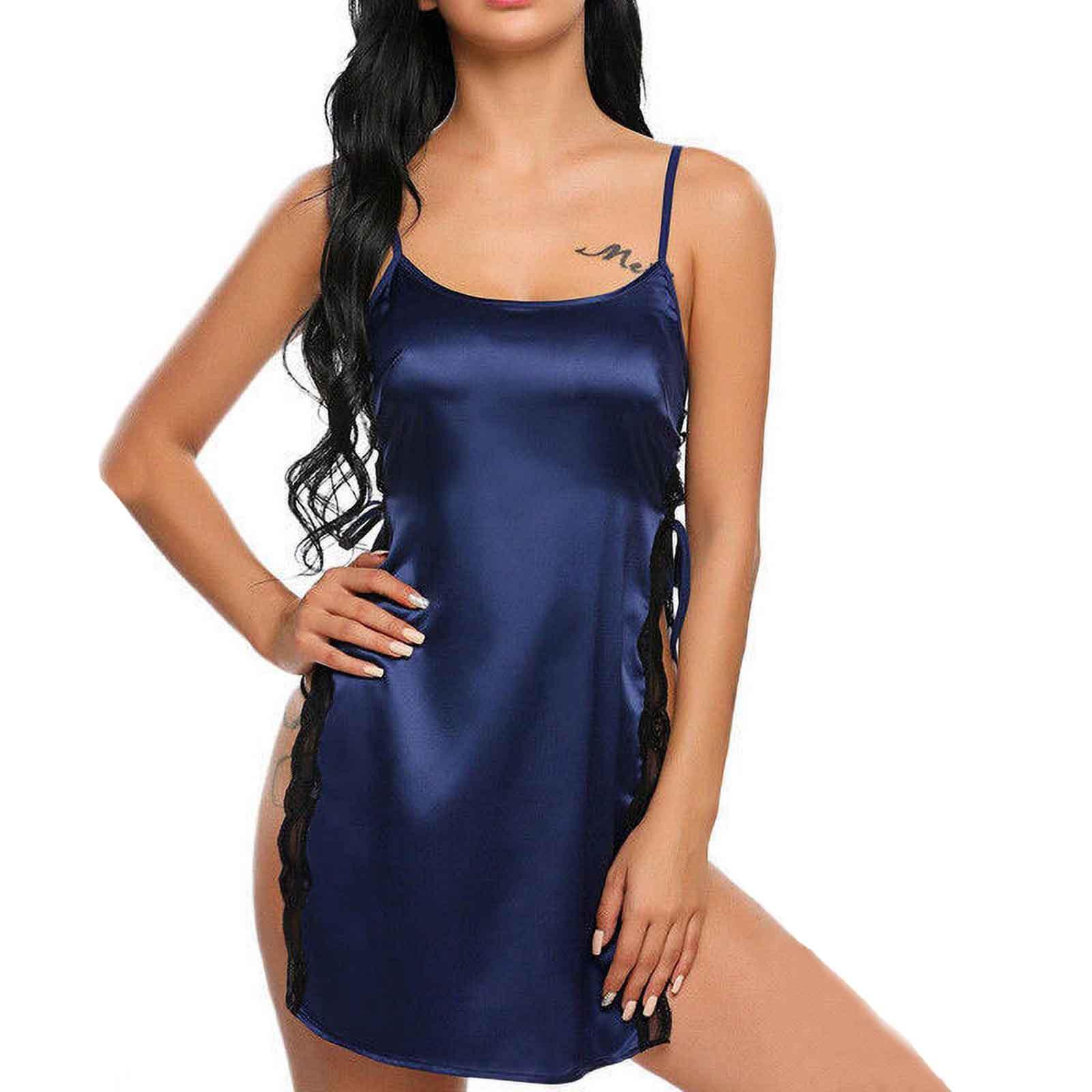 Женская мода, сексуальные эротические пижамы, имитация шелкового нижнего белья, ночная рубашка M синий
