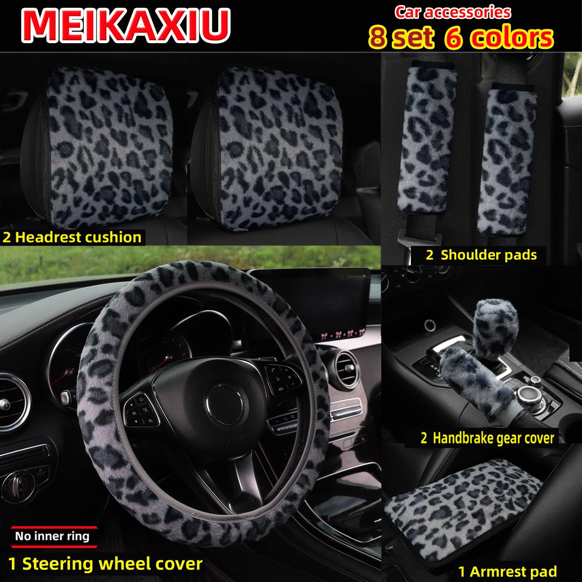 8 set fur leopard print car steering wheel cover, shoulder cover, gear shift cover, armrest pad, headrest, car decoration
8 set fur leopard print car steering wheel cover, shoulder cover, gear shift cover, armrest pad, headrest, car decoration