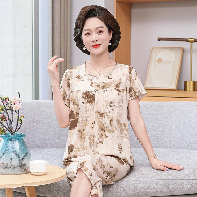 «Женская летняя пижама из хлопка и шелка»: Комплект из двух предметов с коротким рукавом, свободного кроя, для людей среднего и пожилого возраста, больших размеров, для ношения на открытом воздухе. XXL (60-70 kg)