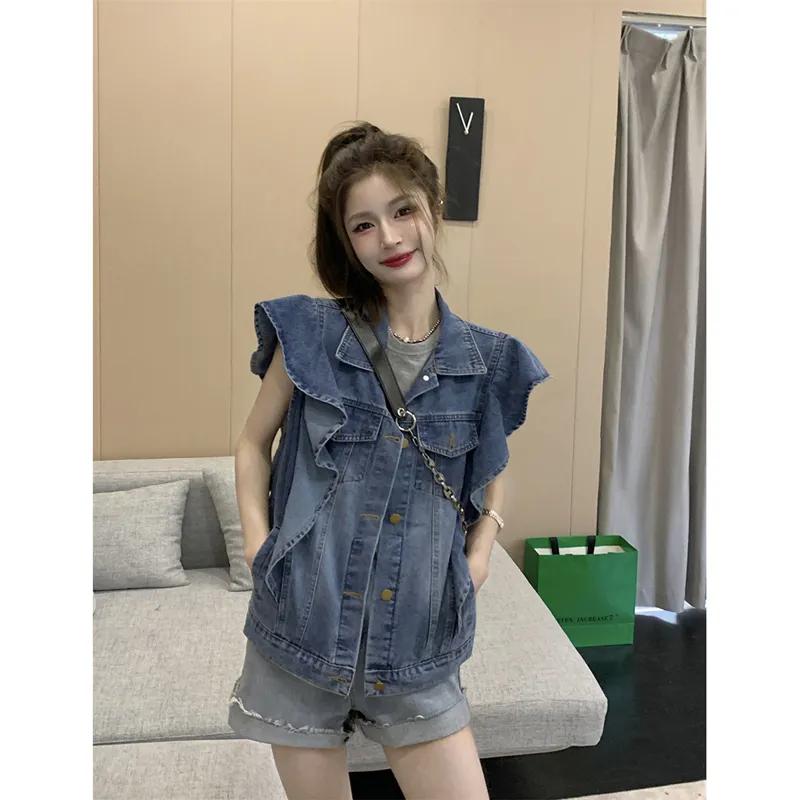 Womens Ruffle Sleeve Denim Vest Button Up Casual Sleeveless Jacket S синий
Womens Ruffle Sleeve Denim Vest Button Up Casual Sleeveless Jacket S синий