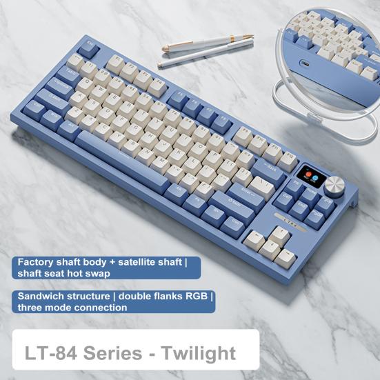 Механическая клавиатура с RGB подсветкой, 84 клавиши, синий переключатель, Bluetooth-совместимая, 2,4 ГГц, беспроводная проводная компьютерная настольная игровая клавиатура серый/белый
Механическая клавиатура с RGB подсветкой, 84 клавиши, синий переключатель, Bluetooth-совместимая, 2,4 ГГц, беспроводная проводная компьютерная настольная игровая клавиатура серый/белый