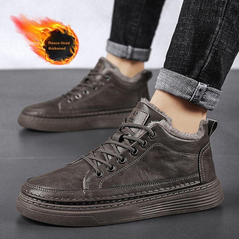 Мужская зимняя обувь с высоким берцем, мужская черная кожаная обувь, повседневная толстая теплая хлопковая обувь, рабочая обувь 44