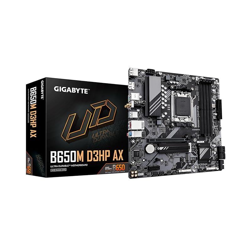 GIGABYTE B650M D3HP AX (rev. 1.0) AM5 LGA 1718 AMD B650 M-ATX DDR5, 2X PCIe 4.0 M.2, 4.0, USB 3.2 Gen2 Type-C, Wi-Fi 6E, 2.5GbE LAN.
GIGABYTE B650M D3HP AX (rev. 1.0) AM5 LGA 1718 AMD B650 M-ATX DDR5, 2X PCIe 4.0 M.2, 4.0, USB 3.2 Gen2 Type-C, Wi-Fi 6E, 2.5GbE LAN.
