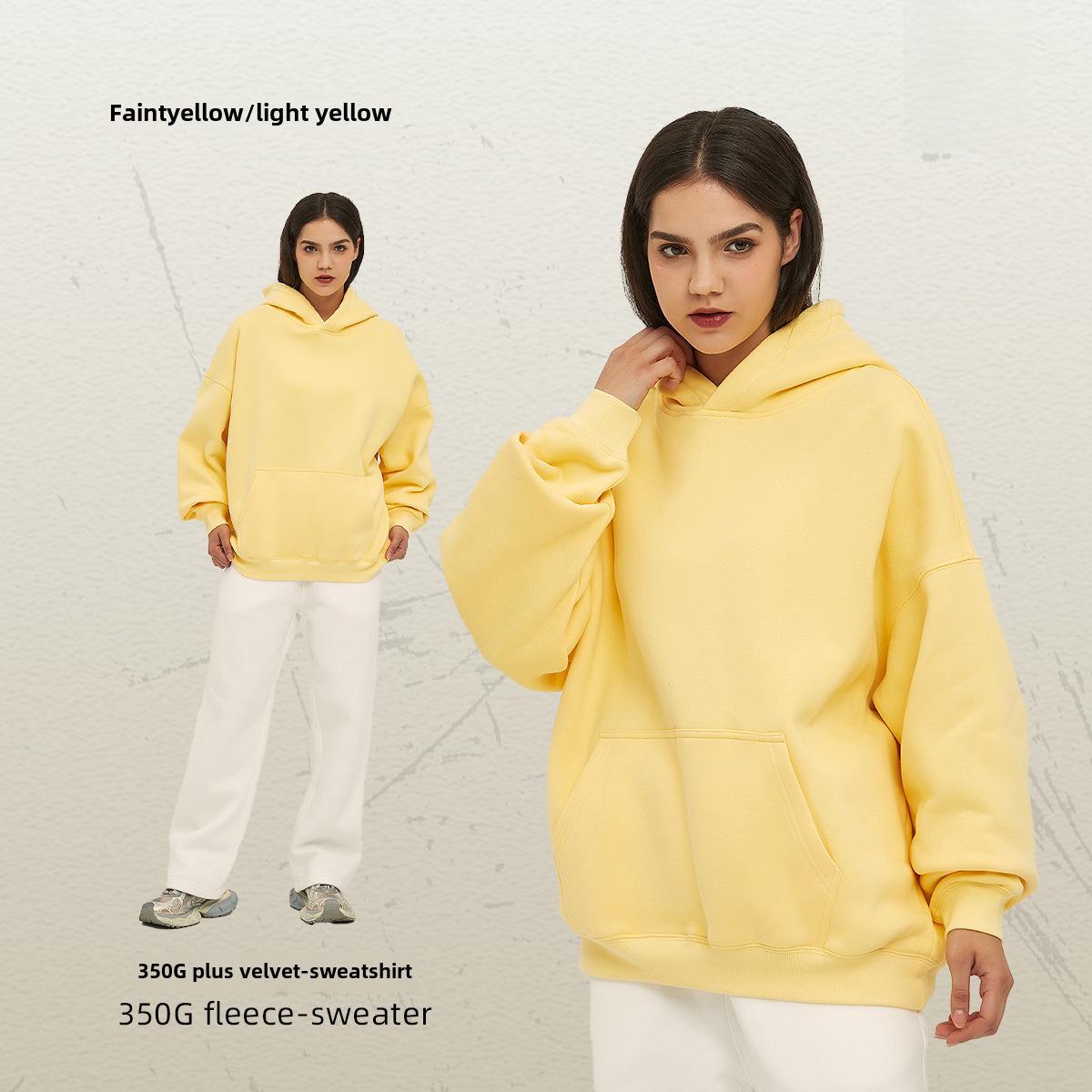 2024 Мужская утепленная толстовка свободного покроя с капюшоном: Свободный крой, плюс бархат, модная коллекция осень/зима XXL светло-желтого