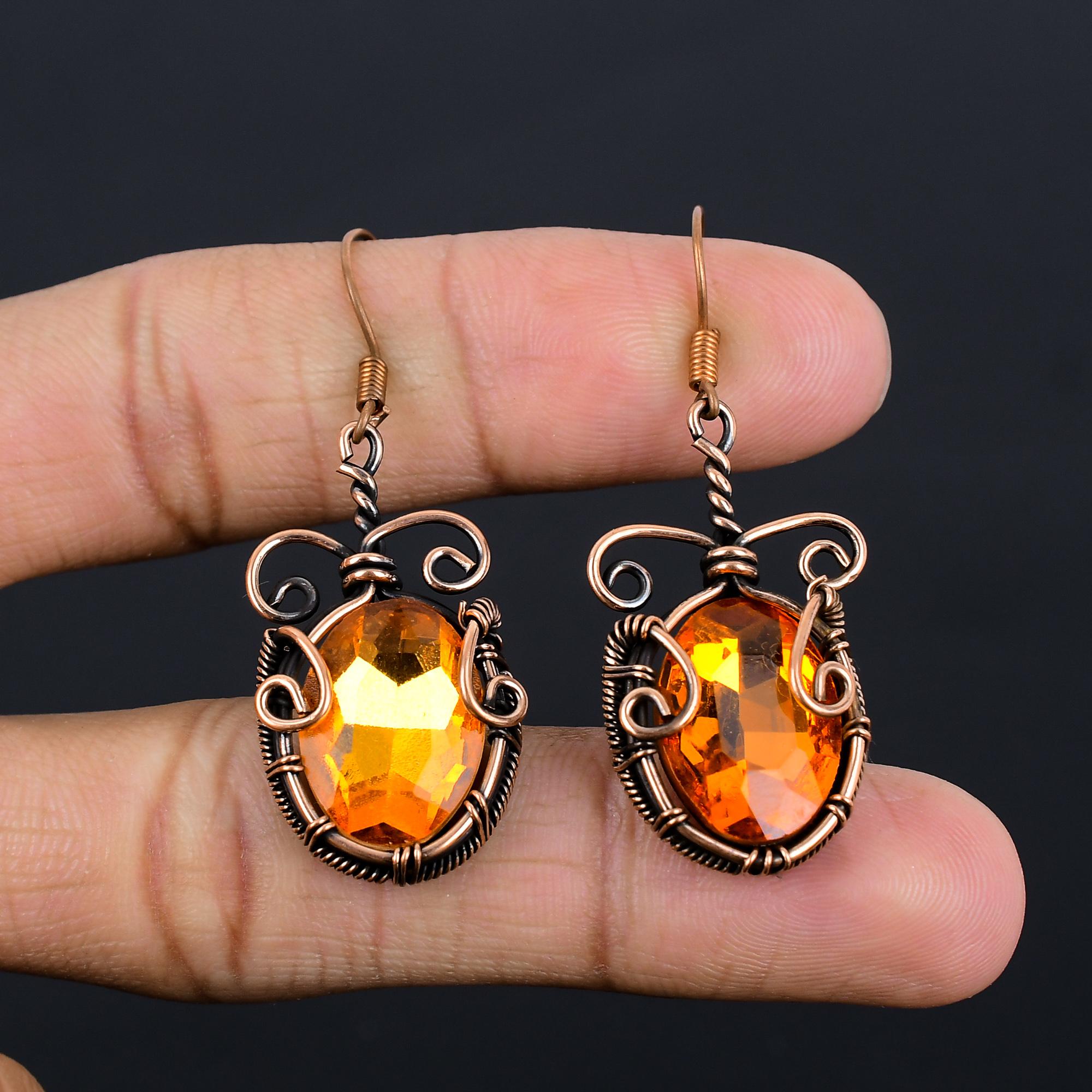 Серьги с цитрином, Ювелирные изделия из драгоценных камней, обернутые медной проволокой 999 пробы, Серьги ручной работы, На День благодарения 2.55 Inches