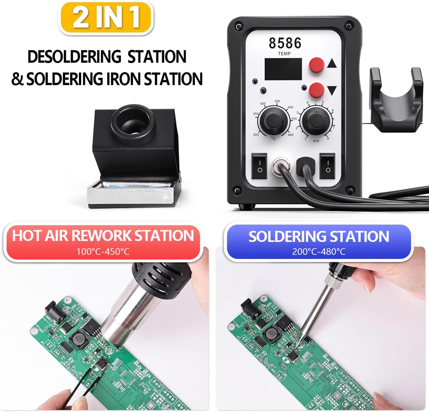 8586 700W Hot Air Soldering Station, 2-in-1 LED Digital Desoldering Kit with Adjustable Temp (100°–480°), Includes 5 Tips + 3 No United States
8586 700W Hot Air Soldering Station, 2-in-1 LED Digital Desoldering Kit with Adjustable Temp (100°–480°), Includes 5 Tips + 3 No United States
