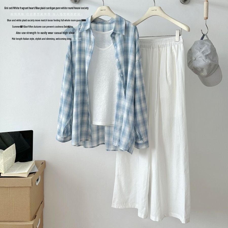 Plus Size Korean Style Blue Plaid Shirt & Vest with Wide Leg Pants - Women s Summer Three-Piece Set M (80-100 jin)
Plus Size Korean Style Blue Plaid Shirt & Vest with Wide Leg Pants - Women s Summer Three-Piece Set M (80-100 jin)