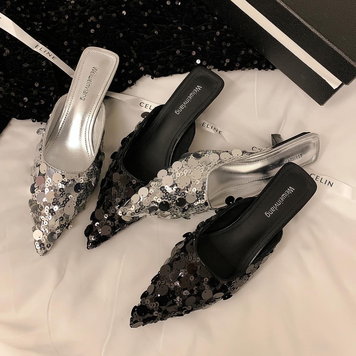Pointed high heels women s summer sequins pointed stiletto one pedal bag head half slippers 35
Pointed high heels women s summer sequins pointed stiletto one pedal bag head half slippers 35