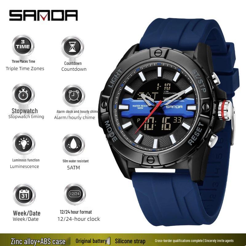 SANDA Multifunctional Outdoor Waterproof Watch with Three-Time Zone and Calendar Features for Students
SANDA Multifunctional Outdoor Waterproof Watch with Three-Time Zone and Calendar Features for Students