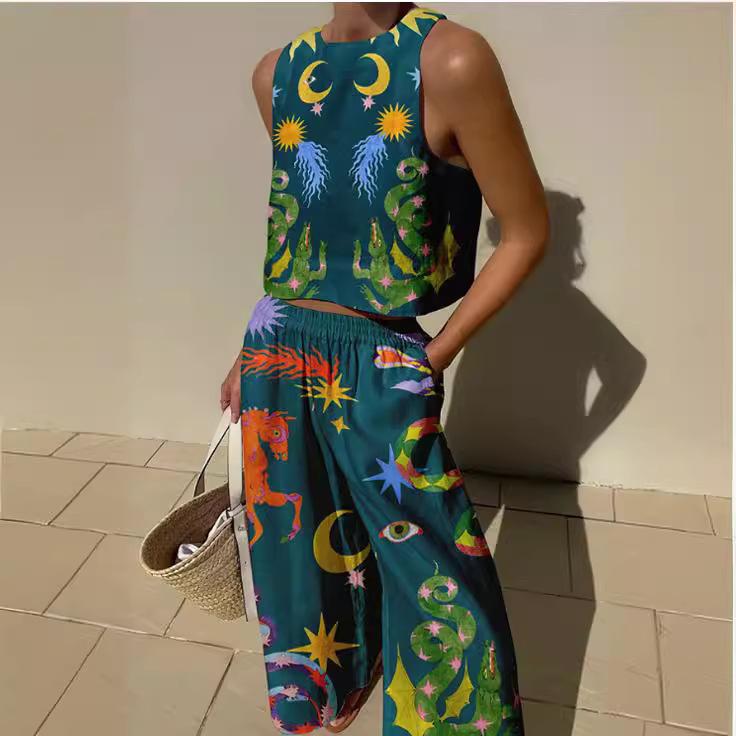 Женский комплект без рукавов с красочным принтом и брюками широкого кроя, летний повседневный наряд XXL зелёный
Женский комплект без рукавов с красочным принтом и брюками широкого кроя, летний повседневный наряд XXL зелёный