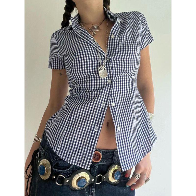 Retro Plaid Waist Cinching Slim Fit Shirt Retro Gingham Waist Trimming Shirt Female Blue S
Retro Plaid Waist Cinching Slim Fit Shirt Retro Gingham Waist Trimming Shirt Female Blue S