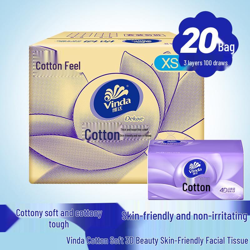 Vinda 3D Beauty Facial Tissue, 100 Sheets x 24 Packs, Cottony Tough, 4D Embossing, Wet-Proof.
Vinda 3D Beauty Facial Tissue, 100 Sheets x 24 Packs, Cottony Tough, 4D Embossing, Wet-Proof.