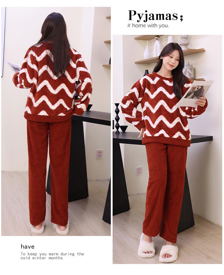 Унисекс Зимний Пижамный Комплект из Кораллового Флиса - Утепленный, Плюс Вельвет, Теплая Домашняя Одежда, Пуловер с Круглым Вырезом, Идеально подходит для Ношения в Помещении и на Улице One Size (40-75 kg) бордовый
