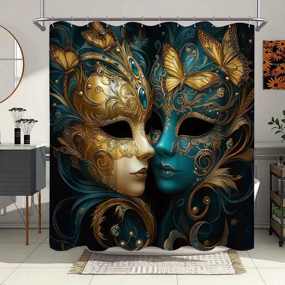 Venetian Mask Shower Curtain - Golden & Teal, Butterfly Motifs, Polyester, 12 Hooks, Mysterious & Elegant Bathroom Décor W90xH180cm
Venetian Mask Shower Curtain - Golden & Teal, Butterfly Motifs, Polyester, 12 Hooks, Mysterious & Elegant Bathroom Décor W90xH180cm