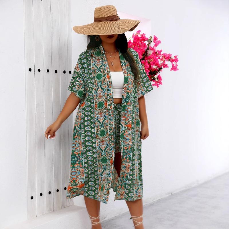 Plus Size 2 Piece Outfit Kimono Cardigan And Shorts Set Boho Print Casual Beach Wear 0XL зелений
Plus Size 2 Piece Outfit Kimono Cardigan And Shorts Set Boho Print Casual Beach Wear 0XL зелений