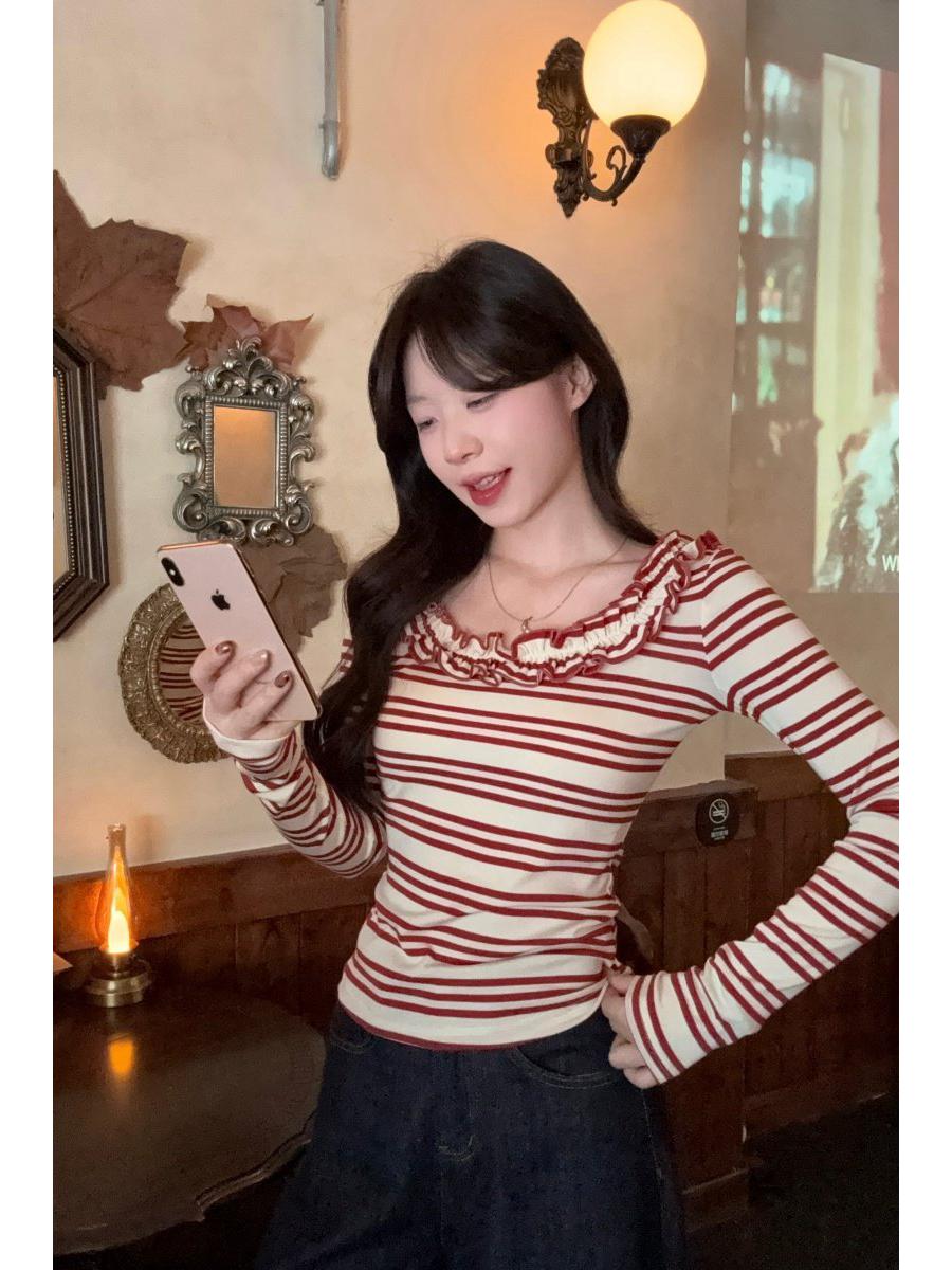 Women s Striped Ruffle Long Sleeve T-shirt, Autumn/Winter Korean Style Base Layer Large
Women s Striped Ruffle Long Sleeve T-shirt, Autumn/Winter Korean Style Base Layer Large