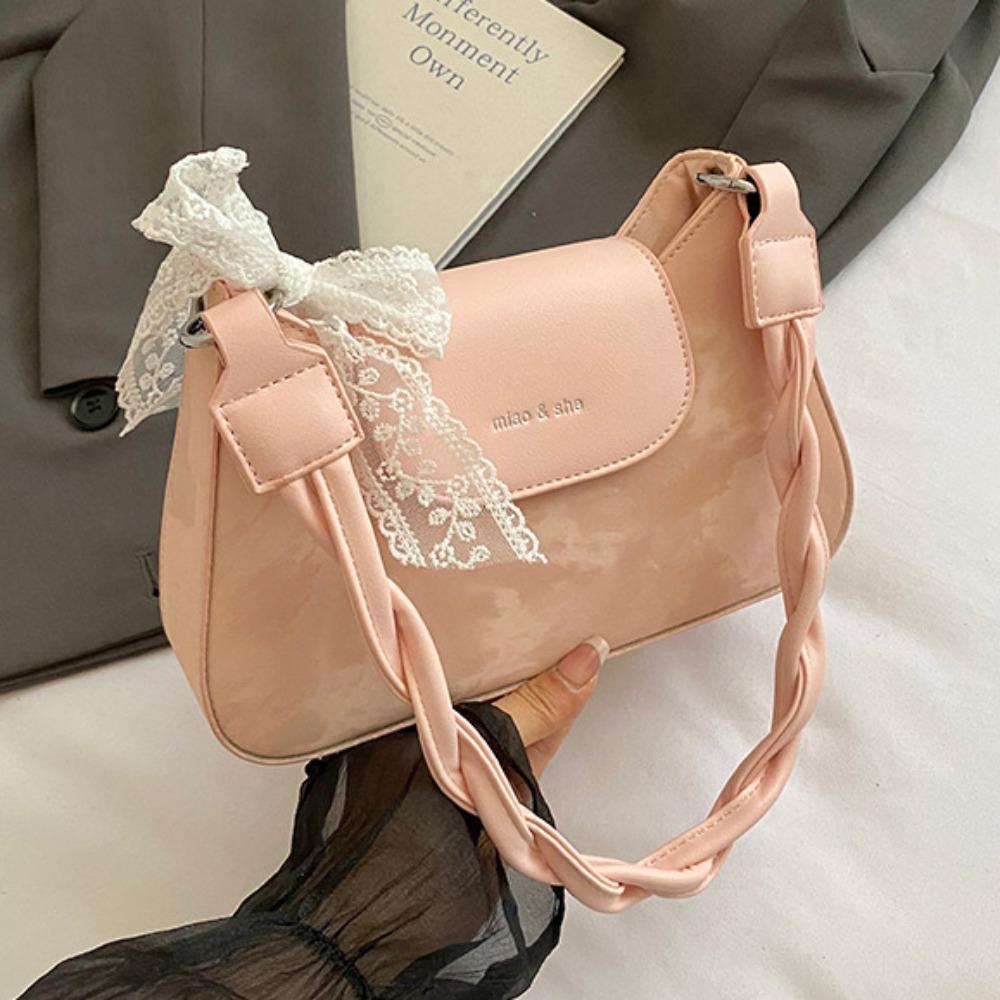 Гладкая кружевная лента Сумочка Элегантная женская сумка подмышку Модная сумка подмышку с бантом Путешествия розовый