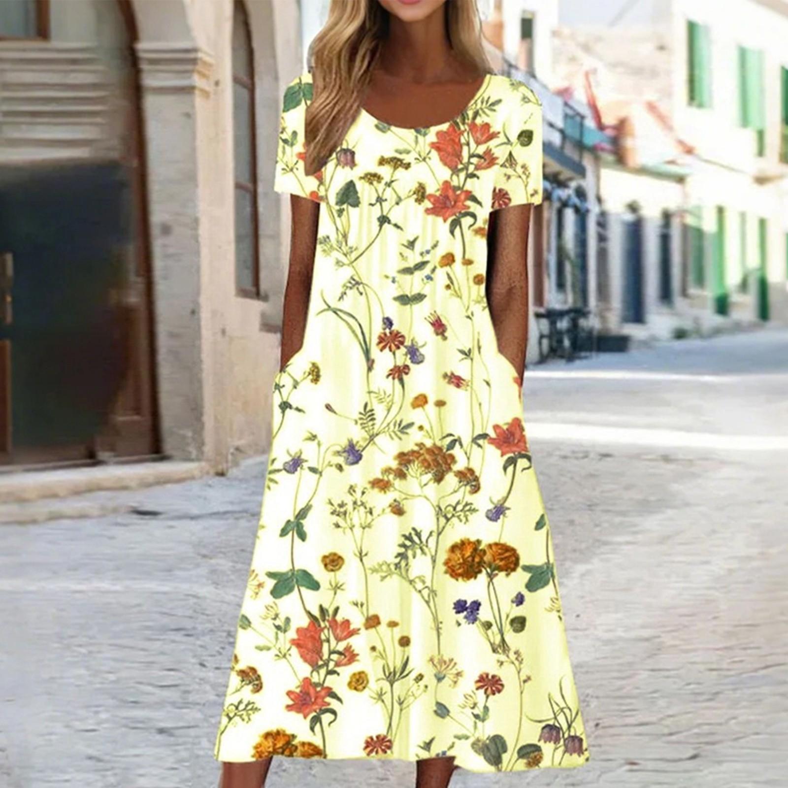 Женское длинное платье с круглым вырезом и карманом, повседневное платье с коротким рукавом XL жёлтый