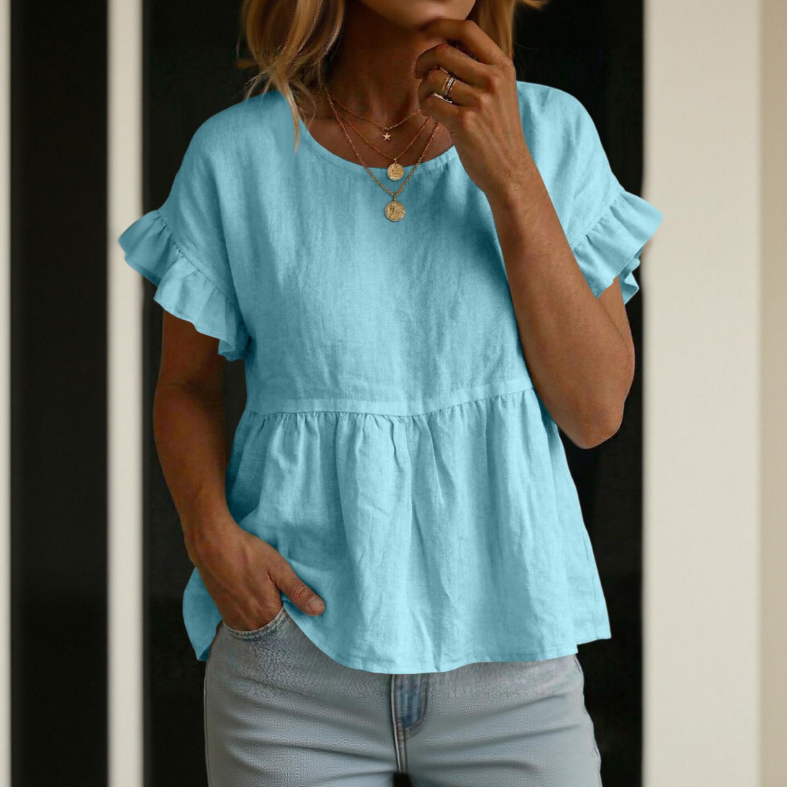 Womens Spring Tops Casual Loose Fit Ruffle Sleeve Summer Shirts for Women Crew Neck Peplum Blouse Womens Summer Shirts S
Womens Spring Tops Casual Loose Fit Ruffle Sleeve Summer Shirts for Women Crew Neck Peplum Blouse Womens Summer Shirts S